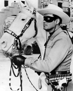 Clayton Moore as the Lone Ranger and Silver from a personal appearance booking at Pleasure Island, amusement park, Wakefield Massachusetts